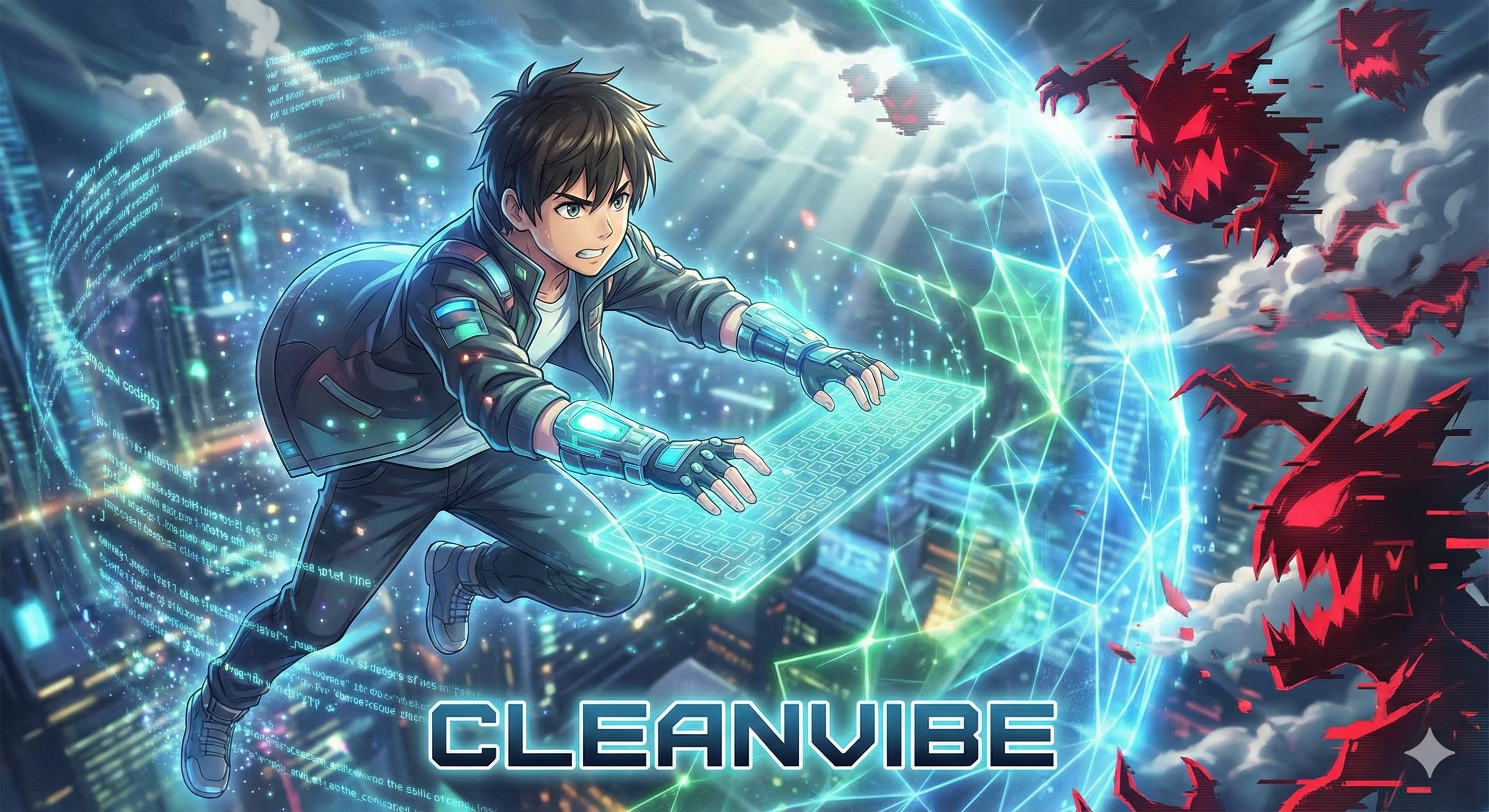 Manga Hero protecting keyboard in energy bubble